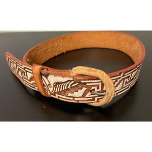 Vintage Western Leather Belt Mens Small Brown Geometric Horse Pattern Tooled